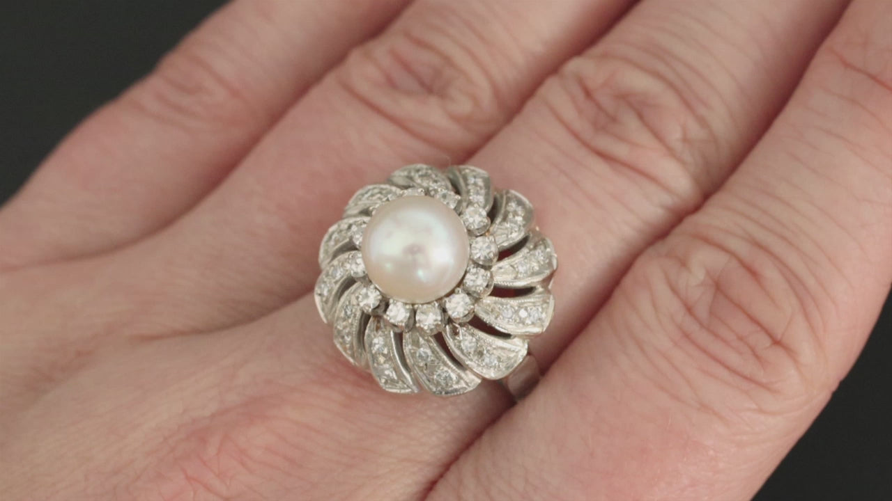VINTAGE PEARL G-H VS DIAMOND COCKTAIL RING PLATINUM RETRO ESTATE HALO BALLERINA