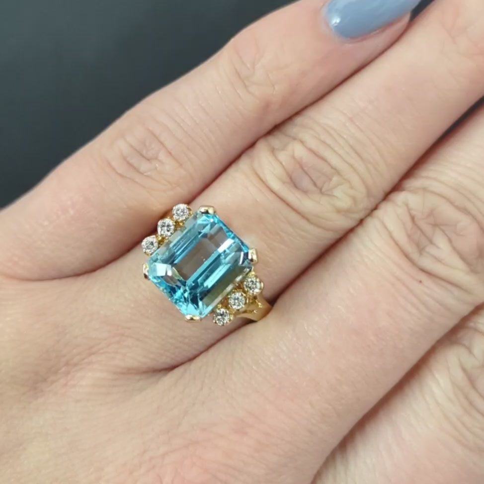 7.5ct BLUE TOPAZ DIAMOND COCKTAIL RING EMERALD CUT 14k YELLOW GOLD NATURAL BIG
