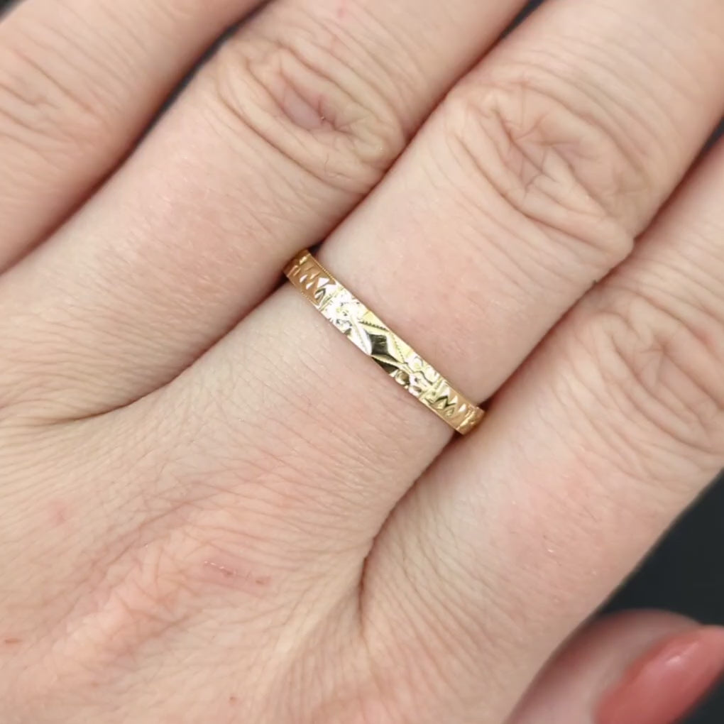 VINTAGE ORANGE BLOSSOM WEDDING RING ENGRAVED ETERNITY BAND SOLID 14k YELLOW GOLD