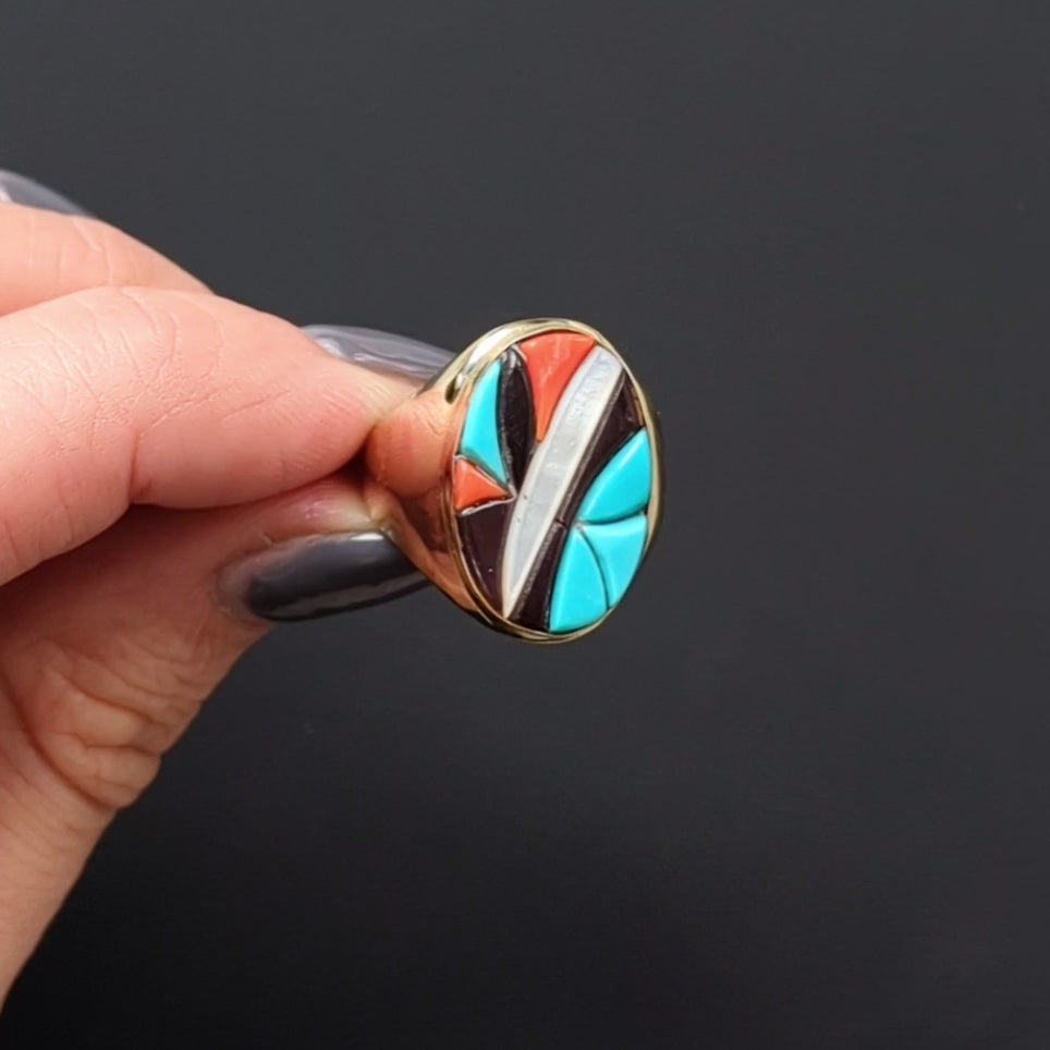 STONE INLAY RING 14k YELLOW GOLD TURQUOISE CORAL BLACK ONYX MOTHER OF PEARL MENS