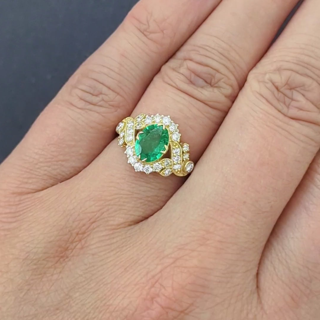 1.47ctw EMERALD DIAMOND VINTAGE STYLE COCKTAIL RING 10k OVAL ENGAGEMENT NATURAL