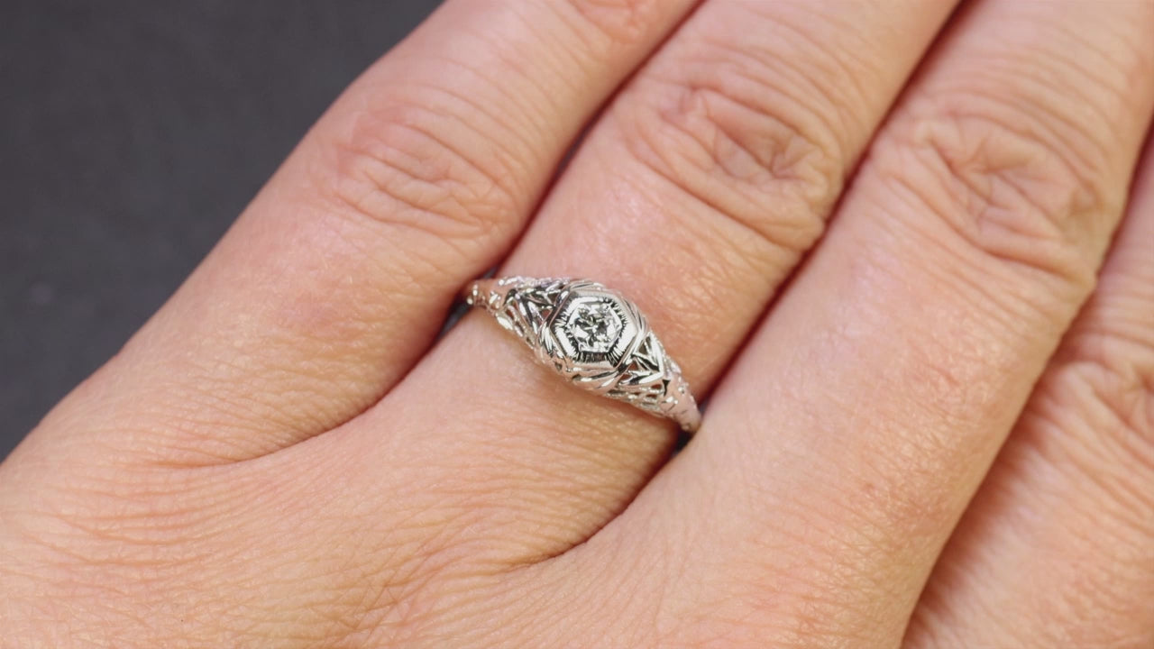 VINTAGE DIAMOND SOLITAIRE RING G VS1 18K WHITE GOLD FILIGREE BUTTERFLY ROUND CUT