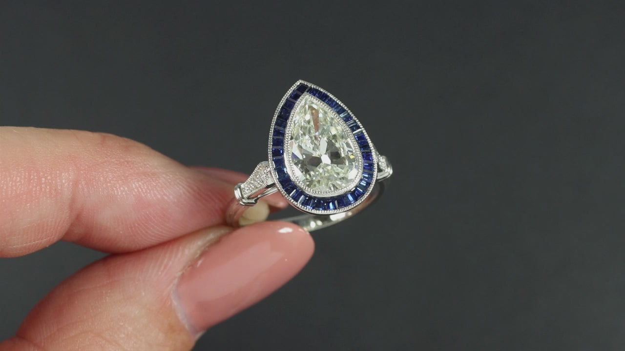  2.37ct GIA CERTIFIED PEAR DIAMOND SAPPHIRE HALO RING VINTAGE STYLE PLATINUM