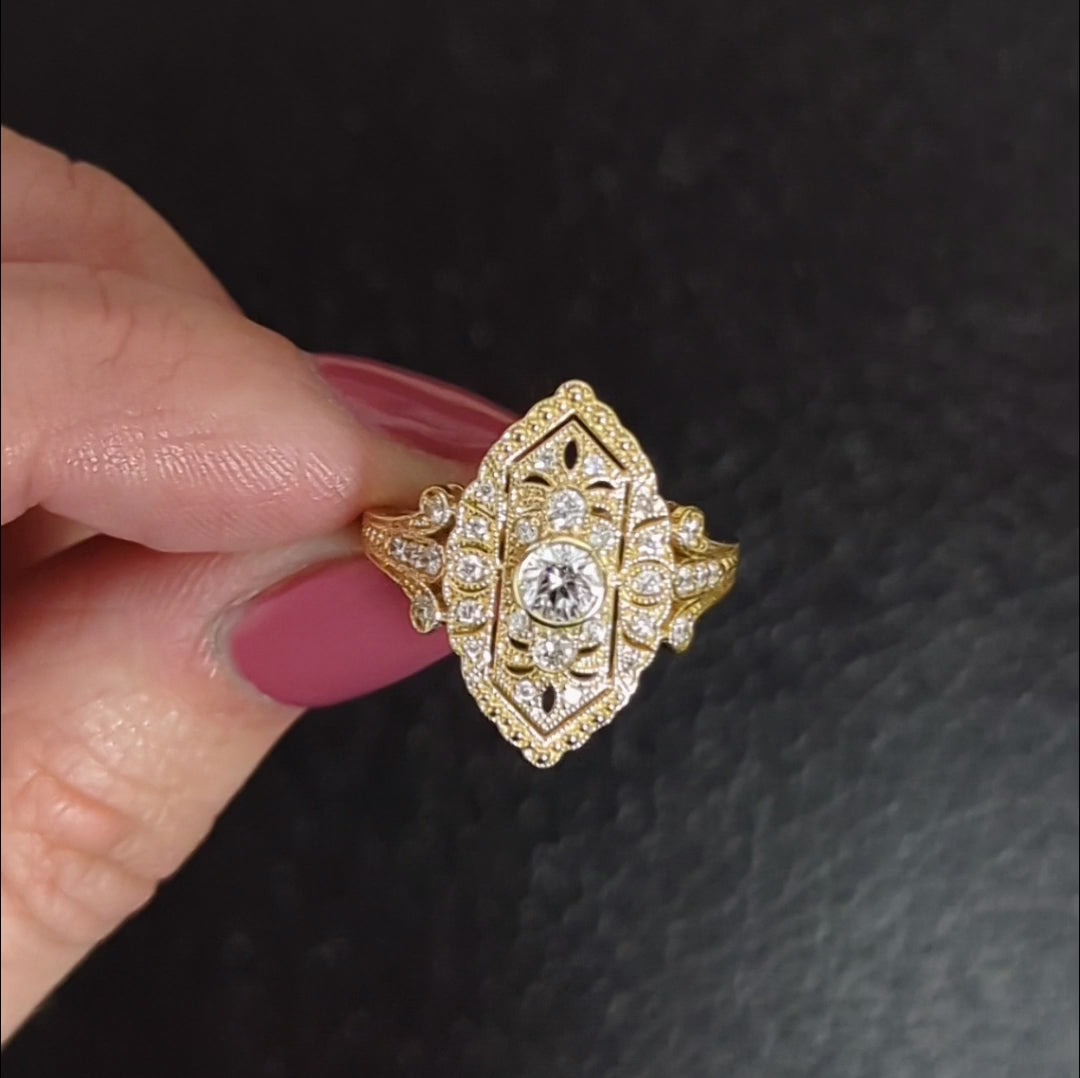 0.59ct DIAMOND NAVETTE RING VINTAGE STYLE ART DECO COCKTAIL YELLOW GOLD NATURAL