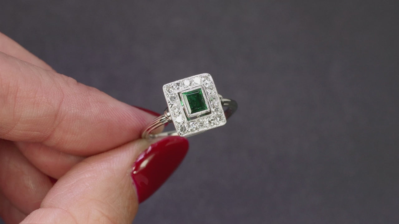 EMERALD DIAMOND COCKTAIL RING 14k WHITE GOLD HALO VINTAGE ESTATE RECTANGLE GREEN