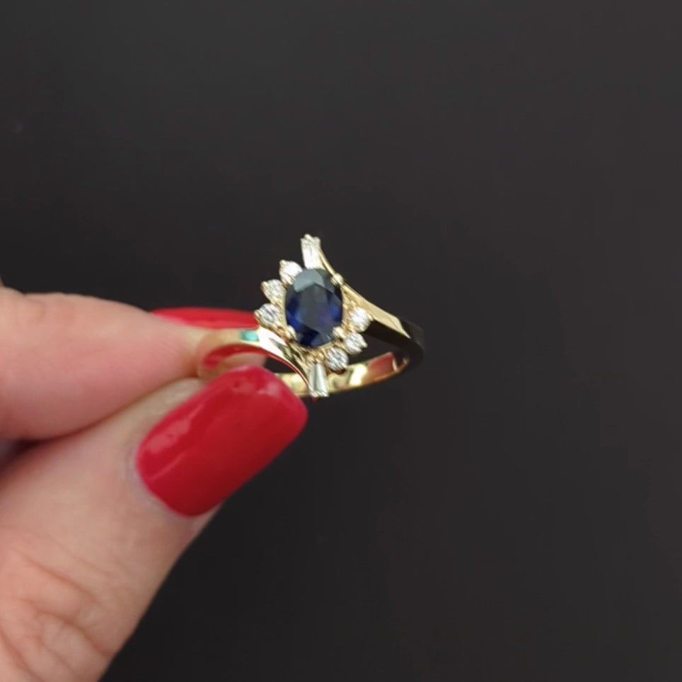1ct SAPPHIRE DIAMOND BYPASS RING 14k YELLOW GOLD COCKTAIL CLUSTER NATURAL OVAL