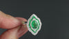 EMERALD DIAMOND COCKTAIL RING VINTAGE STYLE NAVETTE DOUBLE HALO 14k WHITE GOLD