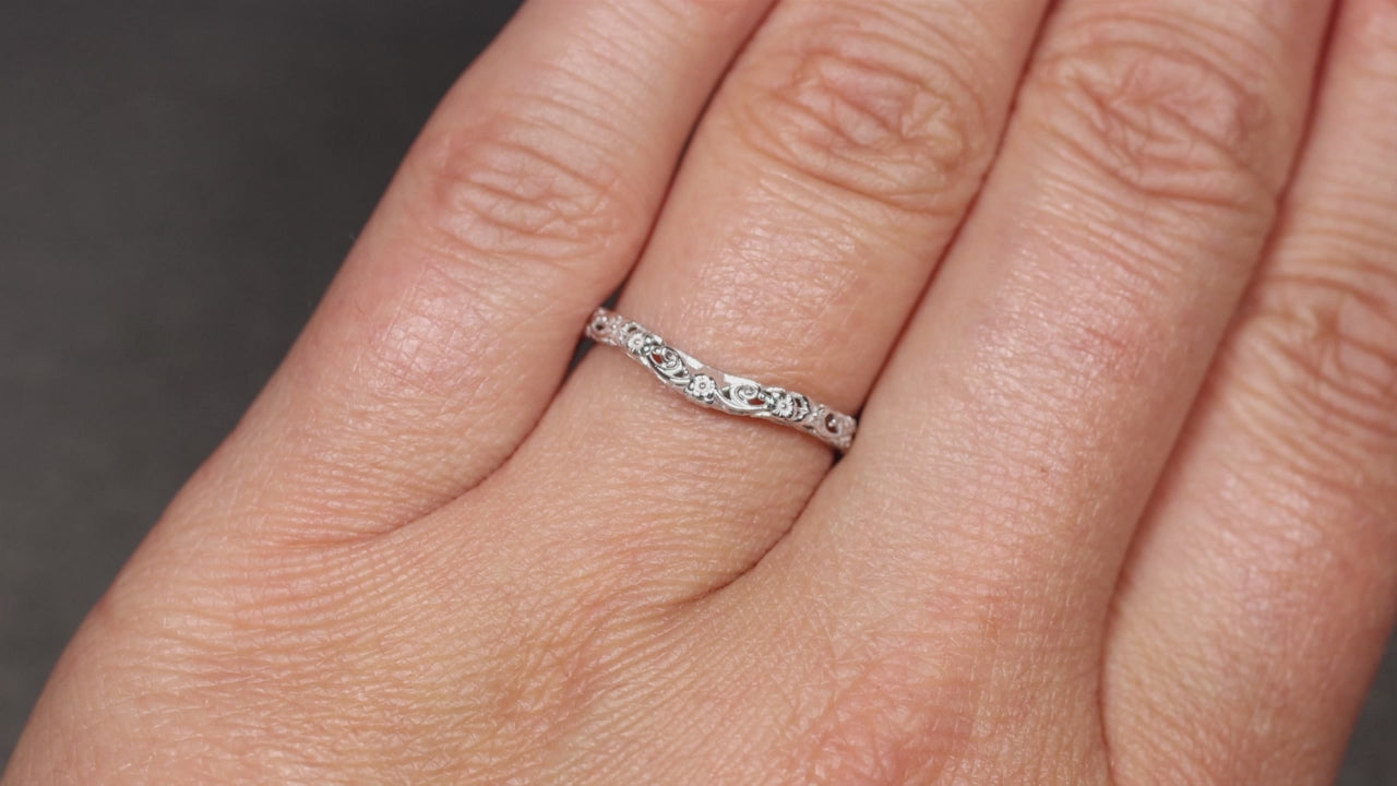 VINTAGE STYLE FLORAL WEDDING BAND 14k WHITE GOLD CURVED CONTOUR ORANGE BLOSSOM
