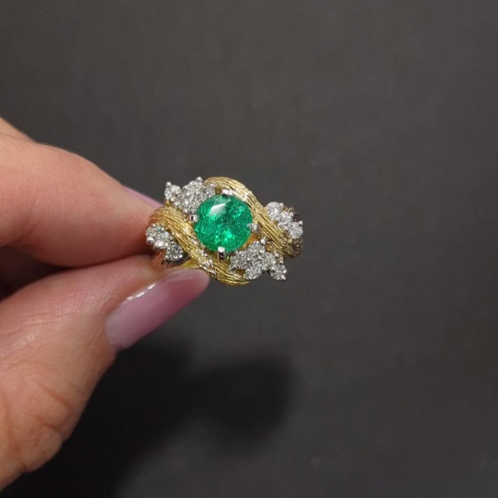 VINTAGE EMERALD DIAMOND COCKTAIL RING 18k YELLOW GOLD CLUSTER RETRO OLD CUT