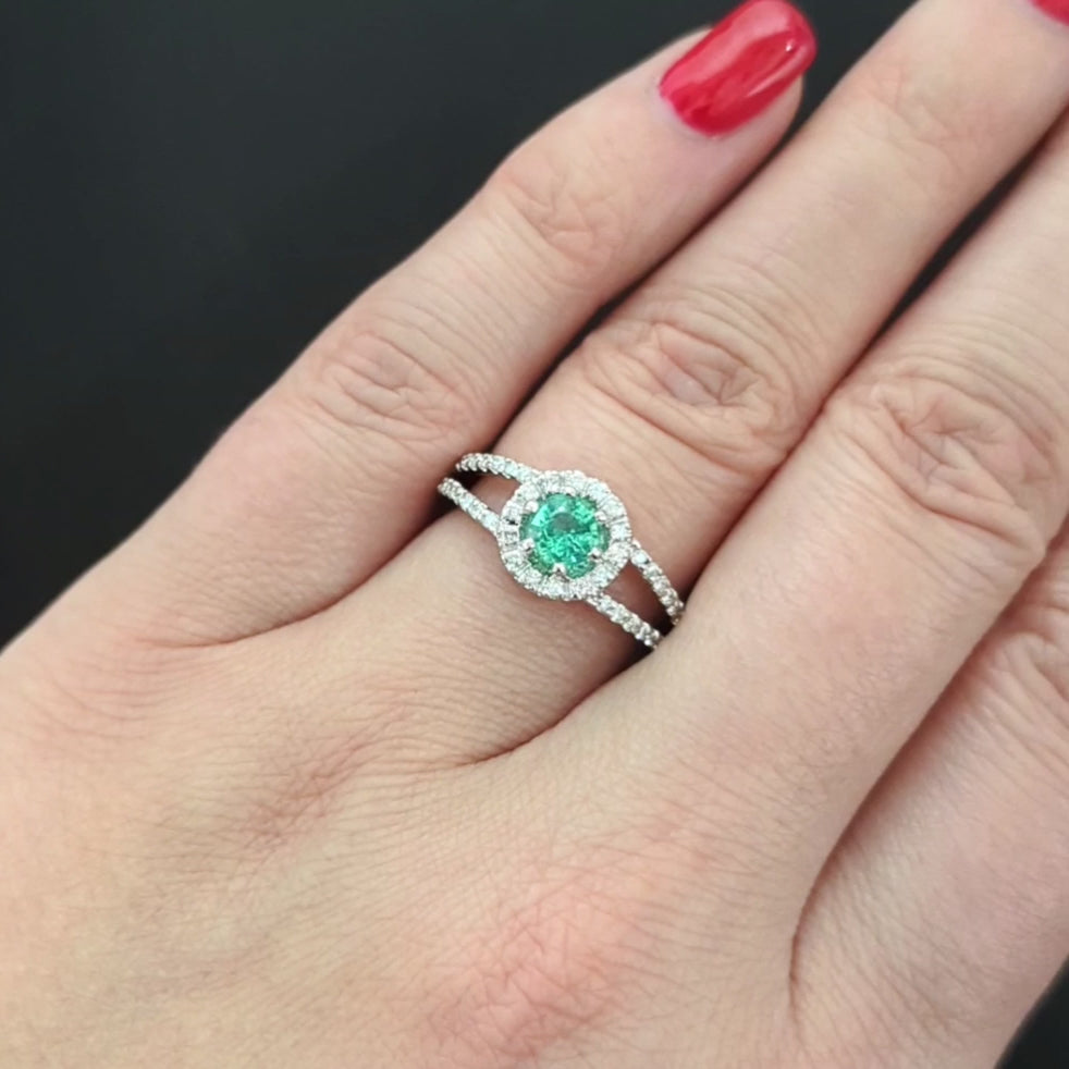 TEAL EMERALD DIAMOND HALO RING 14k WHITE GOLD SPLIT SHANK ROUND NATURAL COCKTAIL