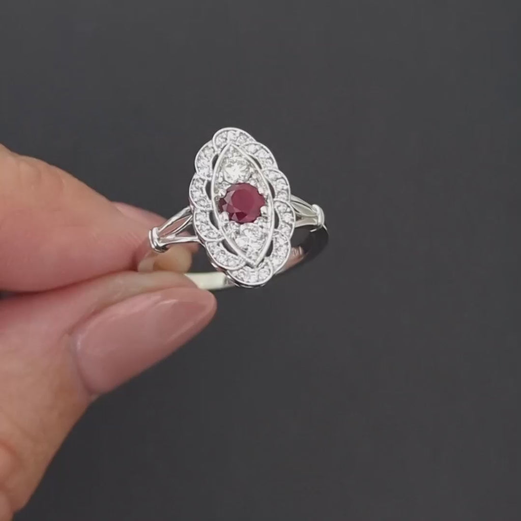 VINTAGE STYLE RUBY DIAMOND COCKTAIL RING 14k WHITE GOLD NAVETTE HALO NATURAL