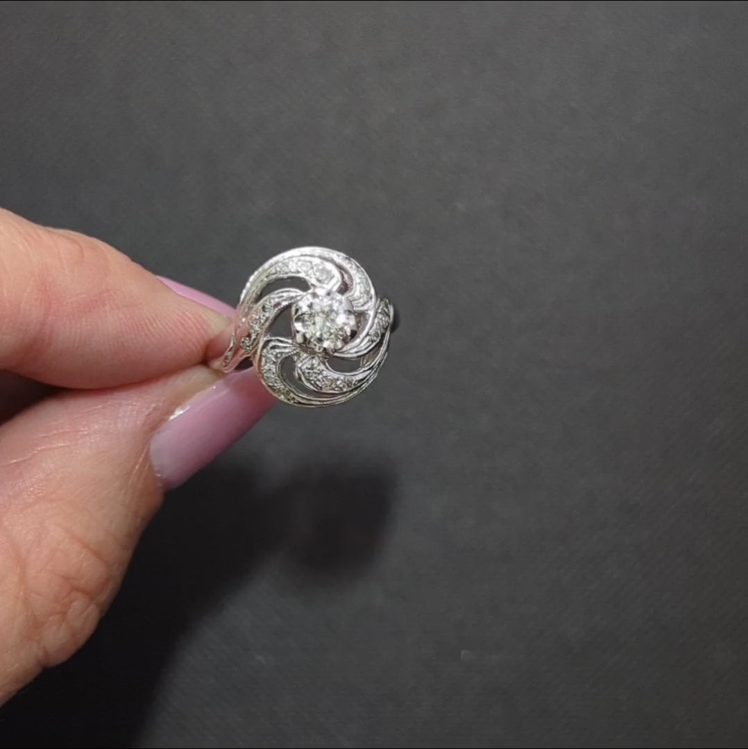 VINTAGE DIAMOND COCKTAIL RING OLD EUROPEAN CUT SPIRAL HALO 14k WHITE GOLD RETRO