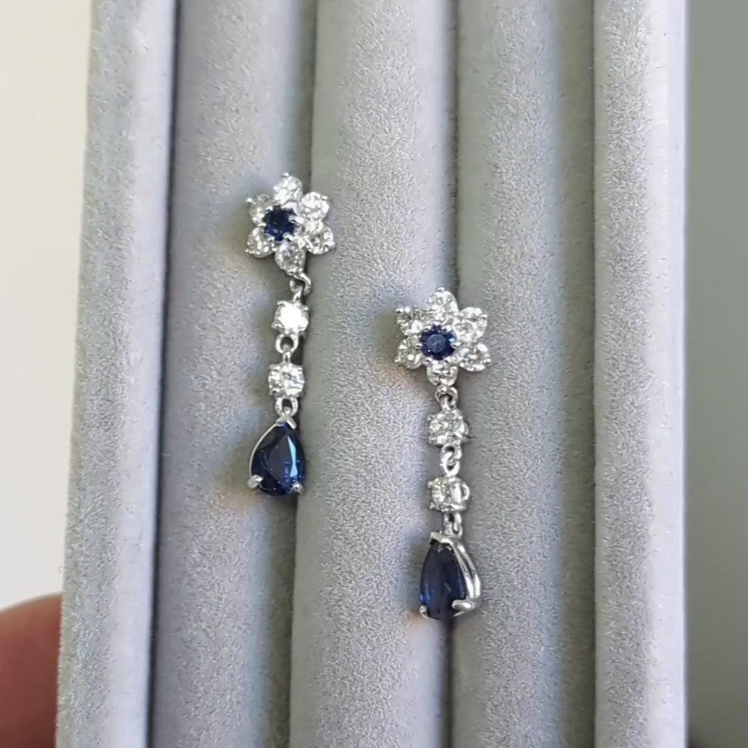 2.55ct SAPPHIRE DIAMOND DANGLE EARRINGS PEAR TEARDROP SHAPE DROP 14k WHITE GOLD