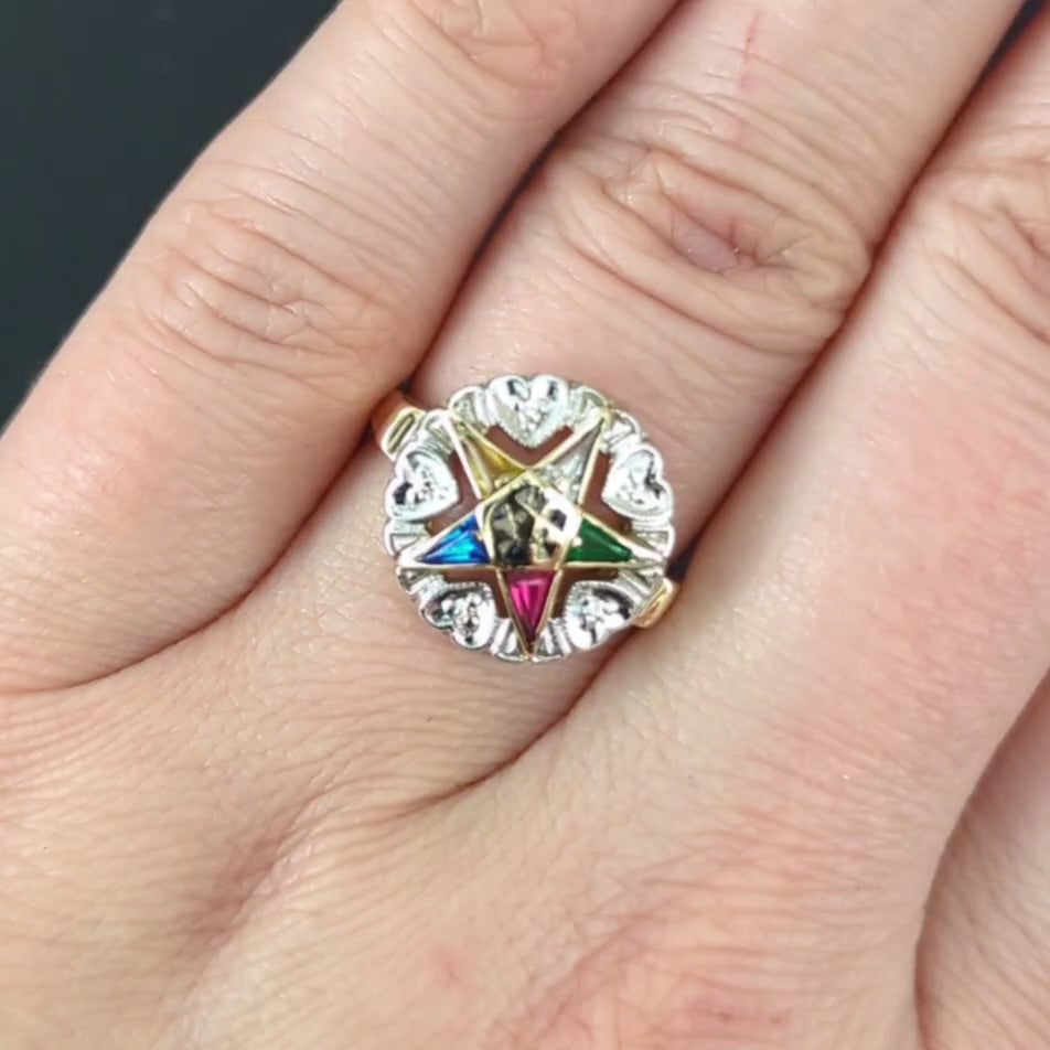 VINTAGE DIAMOND GEMSTONE EASTERN STAR RING TWO TONE WHITE YELLOW GOLD ESTATE