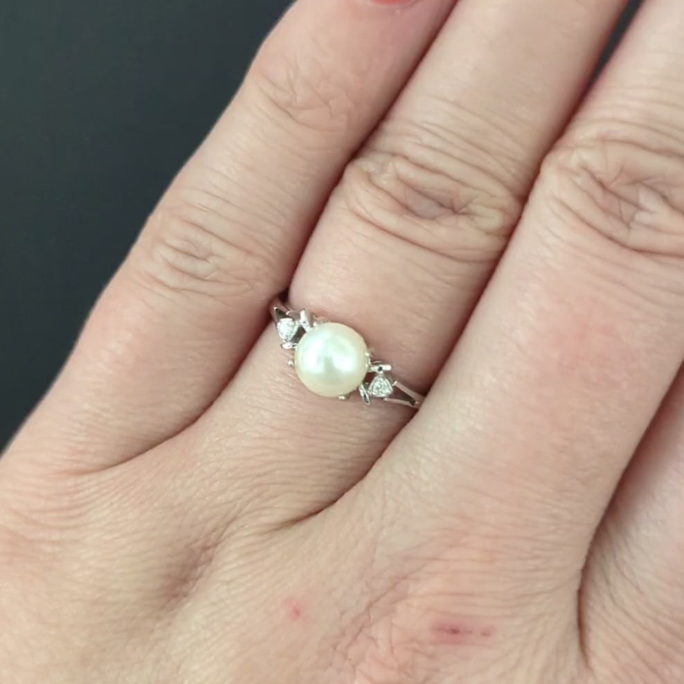 PEARL DIAMOND COCKTAIL RING NATURAL ESTATE SPLIT SHANK 14k WHITE GOLD JEWELRY