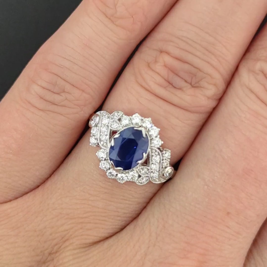 1.07ctw SAPPHIRE DIAMOND VINTAGE STYLE RING OVAL CUT COCKTAIL ENGAGEMENT NATURAL