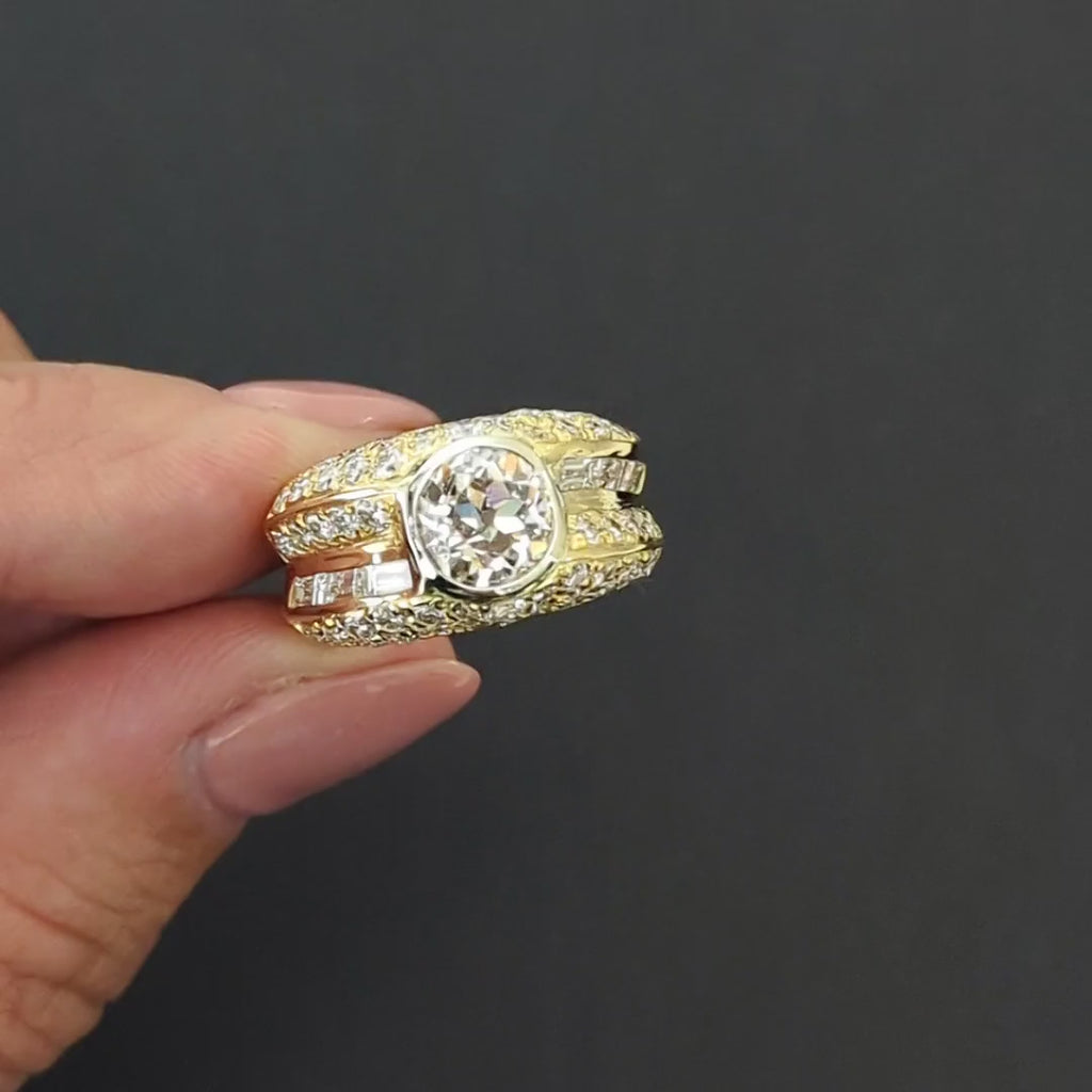 3.38ct VINTAGE DIAMOND COCKTAIL RING OLD EUROPEAN CUT 10gm 18k YELLOW GOLD WIDE