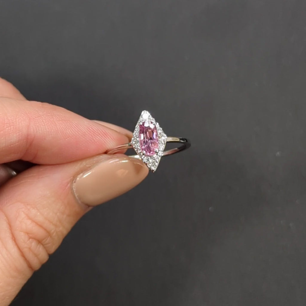 PINK SPINEL DIAMOND COCKTAIL RING 14k WHITE GOLD GEOMETRIC HALO OVAL CUT NATURAL