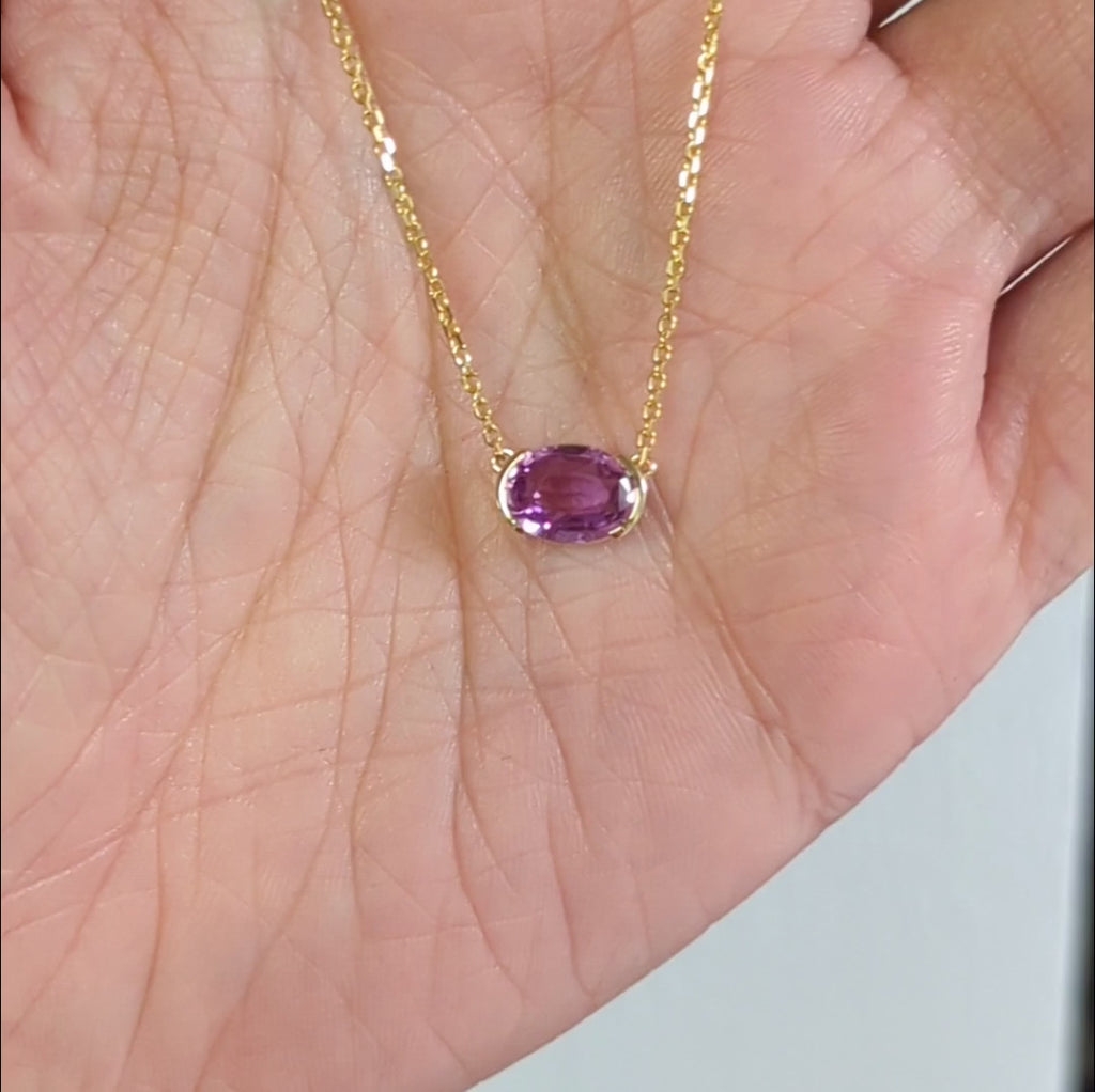 PINK SAPPHIRE PENDANT NECKLACE OVAL CUT EAST WEST 14k YELLOW GOLD NATURAL 1.17ct