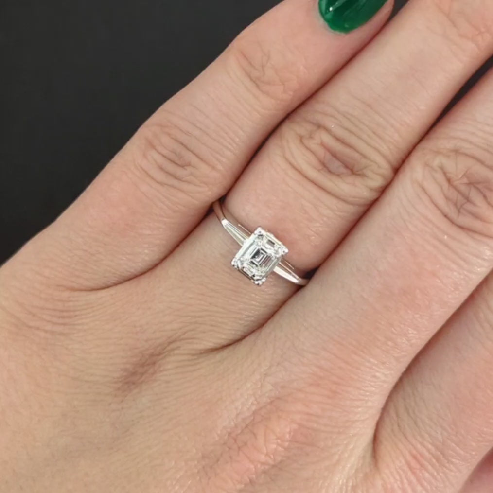 EMERALD CUT DIAMOND ENGAGEMENT RING 14k WHITE GOLD ILLUSION NATURAL SOLITAIRE