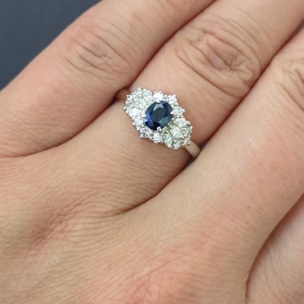 1.23ct SAPPHIRE DIAMOND COCKTAIL RING PLATINUM HALO CLUSTER OVAL MARQUISE SHAPE