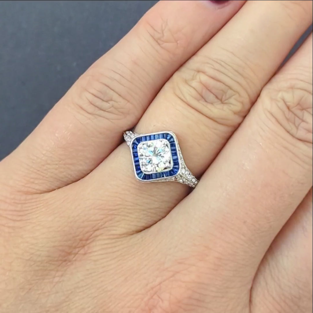 1ct GIA CERTIFIED DIAMOND SAPPHIRE ENGAGMENT RING VINTAGE STYLE 14k WHITE GOLD