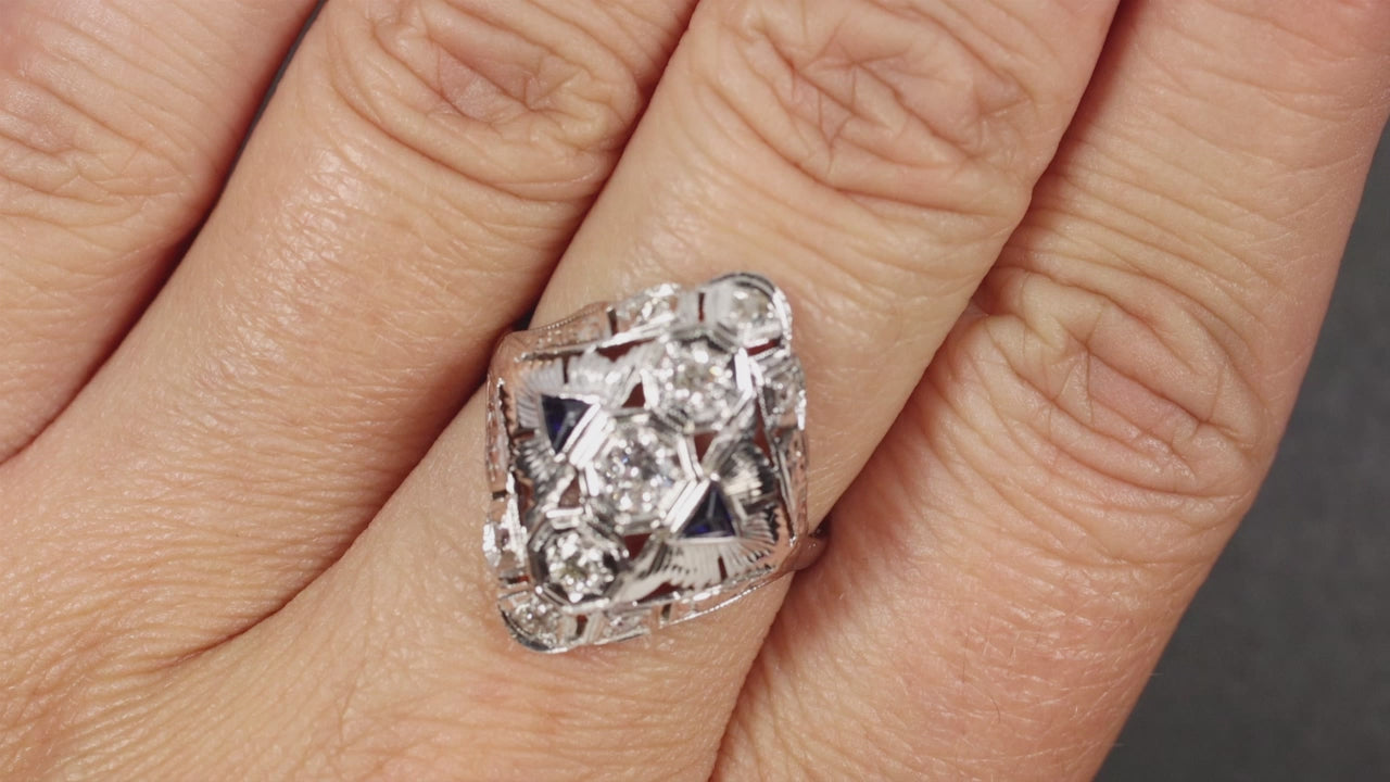 VINTAGE DIAMOND SAPPHIRE COCKTAIL RING ART DECO STATEMENT 18k WHITE GOLD OLD CUT