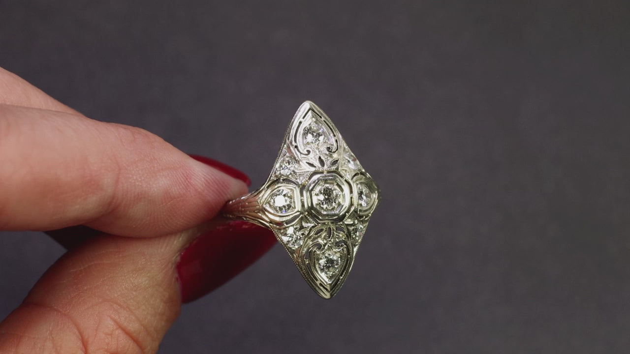 0.86ct VINTAGE DIAMOND COCKTAIL RING ART DECO 18k WHITE GOLD FILIGREE OLD CUT