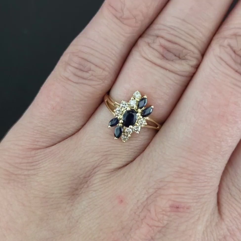 SAPPHIRE DIAMOND COCKTAIL RING 14k YELLOW GOLD CLUSTER NATURAL OVAL SHAPE ESTATE