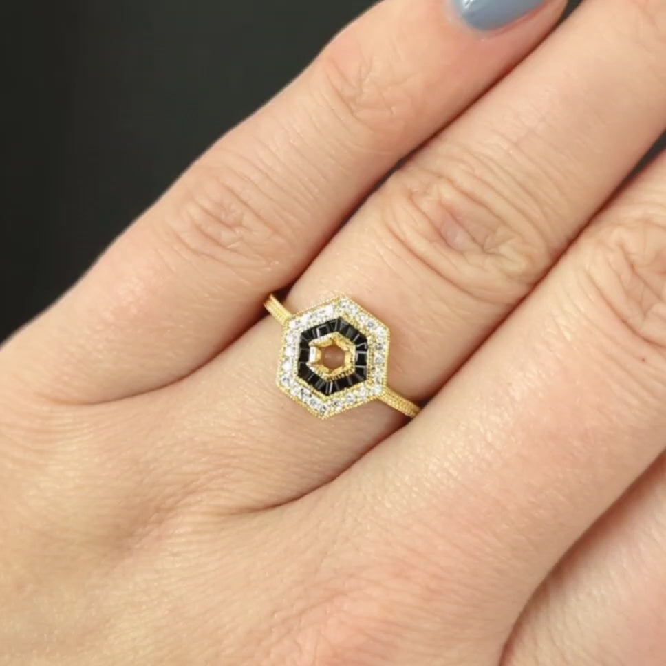 DIAMOND BLACK ONYX RING SETTING 4mm SEMI MOUNT VINTAGE STYLE ART DECO 14k GOLD