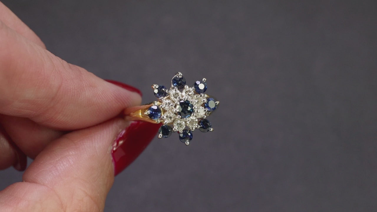 1.32ct SAPPHIRE DIAMOND COCKTAIL RING BALLERINA 14k YELLOW GOLD NATURAL BLUE