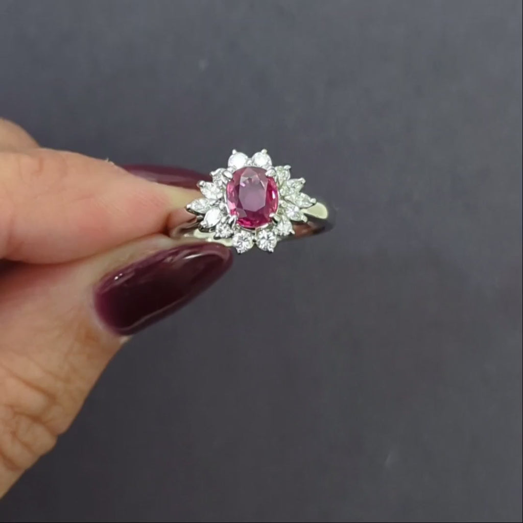 1.64ct RUBY DIAMOND COCKTAIL RING PLATINUM HALO OVAL NATURAL OVAL SHAPE CLUSTER