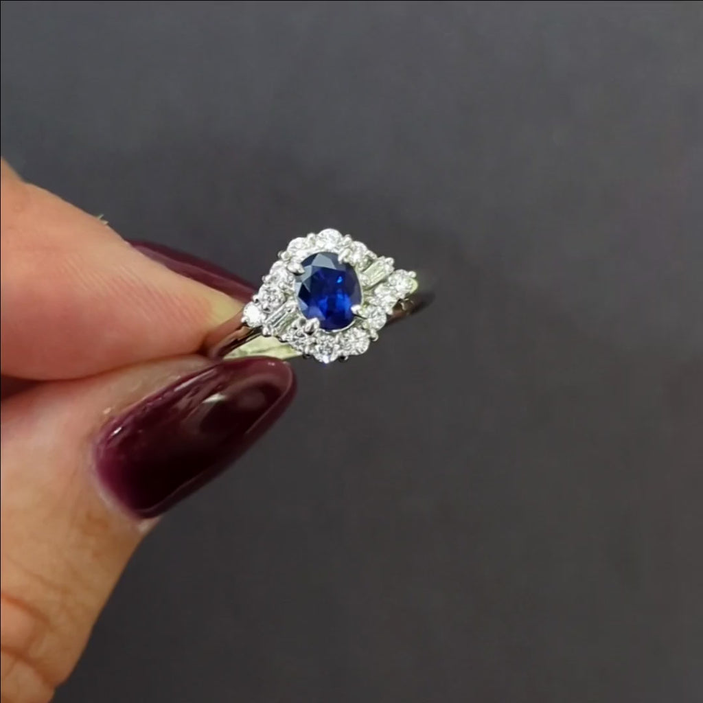 1.20ct SAPPHIRE DIAMOND COCKTAIL RING PLATINUM HALO CLUSTER NATURAL OVAL SHAPE