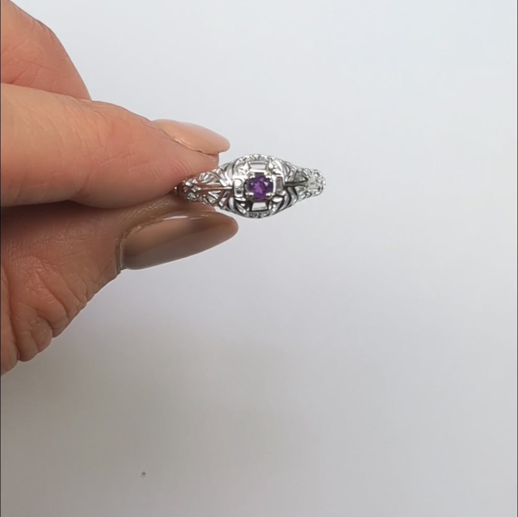 AMETHYST VINTAGE STYLE COCKTAIL RING STERLING SILVER DAINTY FILIGREE ROUND CUT