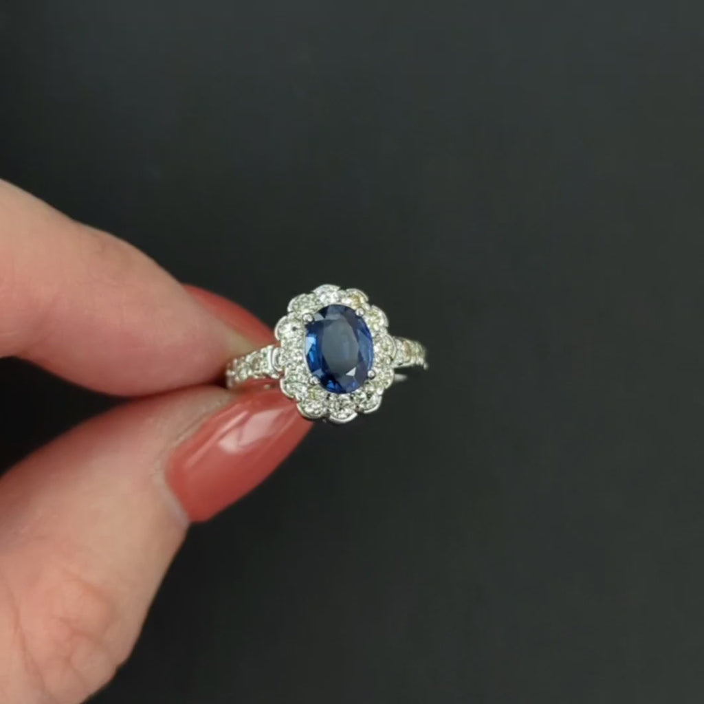 2.55ct SAPPHIRE DIAMOND COCKTAIL RING SCALLOPED HALO 14k WHITE GOLD NATURAL