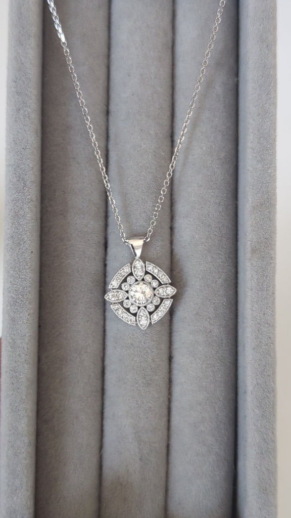 DIAMOND PENDANT SETTING 4mm ROUND VINTAGE STYLE NECKLACE SEMI MOUNT ART DECO