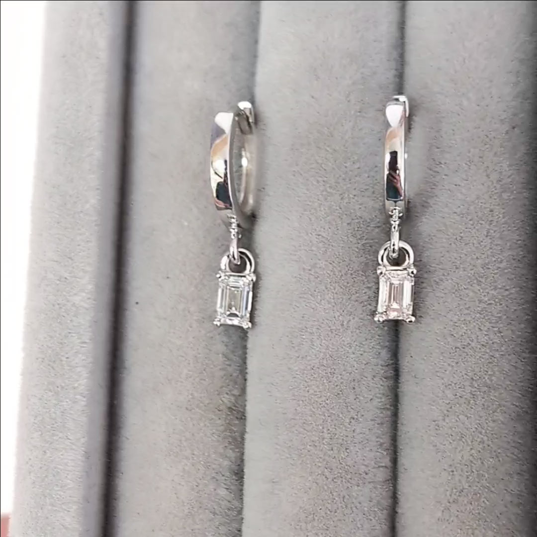 DIAMOND DROP EARRINGS HUGGIE HOOP CHARM EMERALD CUT MINIMALIST 14k WHITE GOLD