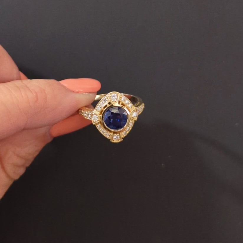 SAPPHIRE DIAMOND COCKTAIL RING VINTAGE STYLE HALO ART DECO 14k YELLOW GOLD ROUND