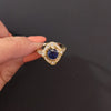 SAPPHIRE DIAMOND COCKTAIL RING VINTAGE STYLE HALO ART DECO 14k YELLOW GOLD ROUND