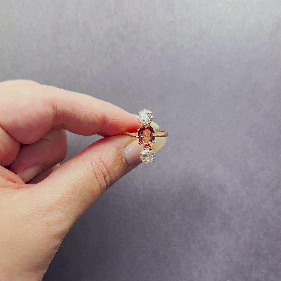 VINTAGE DIAMOND IMPERIAL TOPAZ COCKTAIL RING OLD MINE CUT 18k YELLOW GOLD PEACH