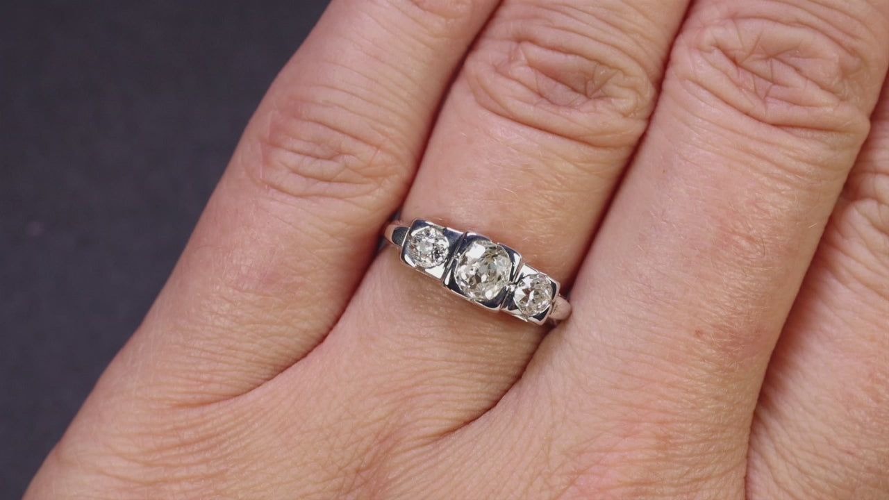 1 CARAT VINTAGE OLD MINE CUT DIAMOND ENGAGEMENT RING 3 STONE 14k WHITE GOLD 1ct