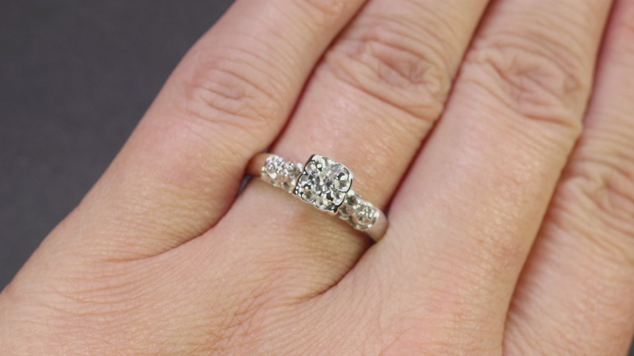 VINTAGE DIAMOND ENGAGEMENT RING MID CENTURY ILLUSION 14k WHITE GOLD ROUND ESTATE