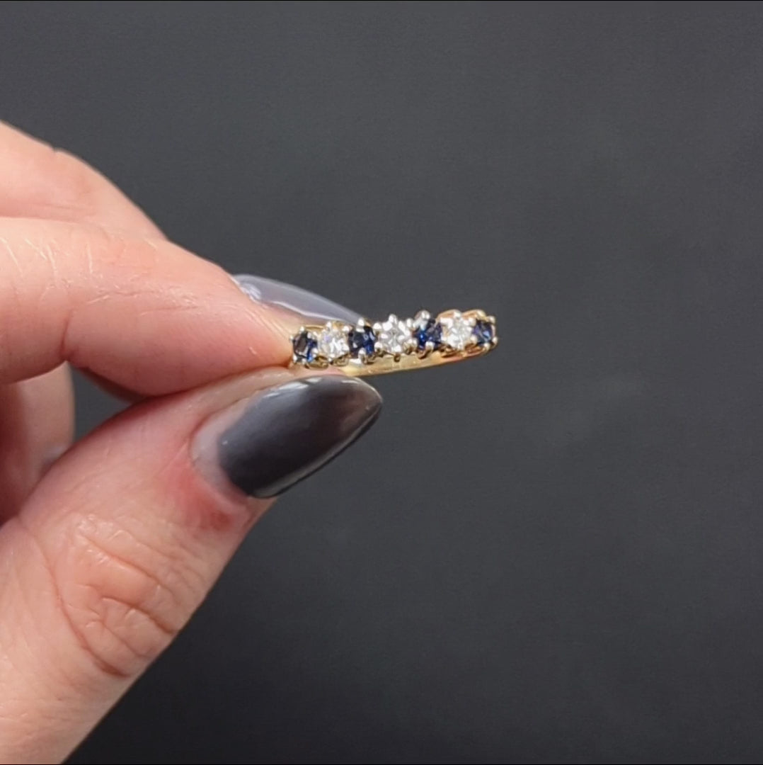 DIAMOND SAPPHIRE WEDDING BAND STACKING RING 14k YELLOW GOLD NATURAL BLUE 7 STONE