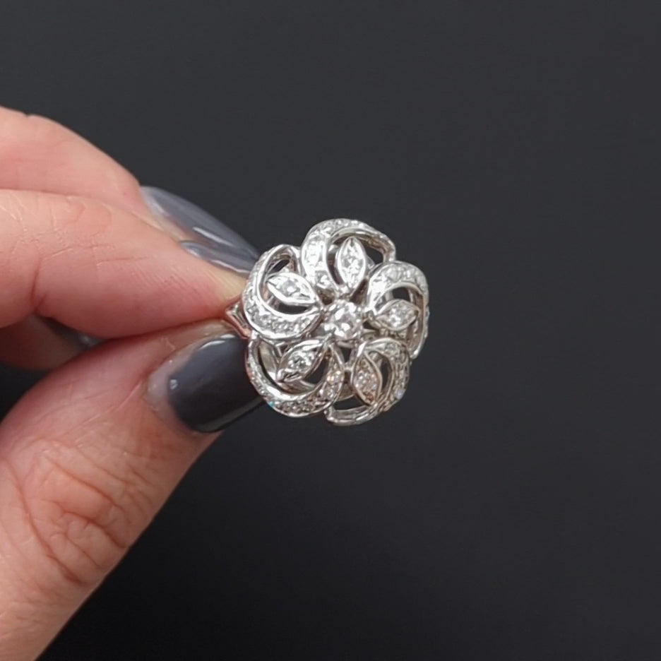 VINTAGE DIAMOND COCKTAIL RING MID CENTURY FLOWER 14k WHITE GOLD RETRO STATEMENT