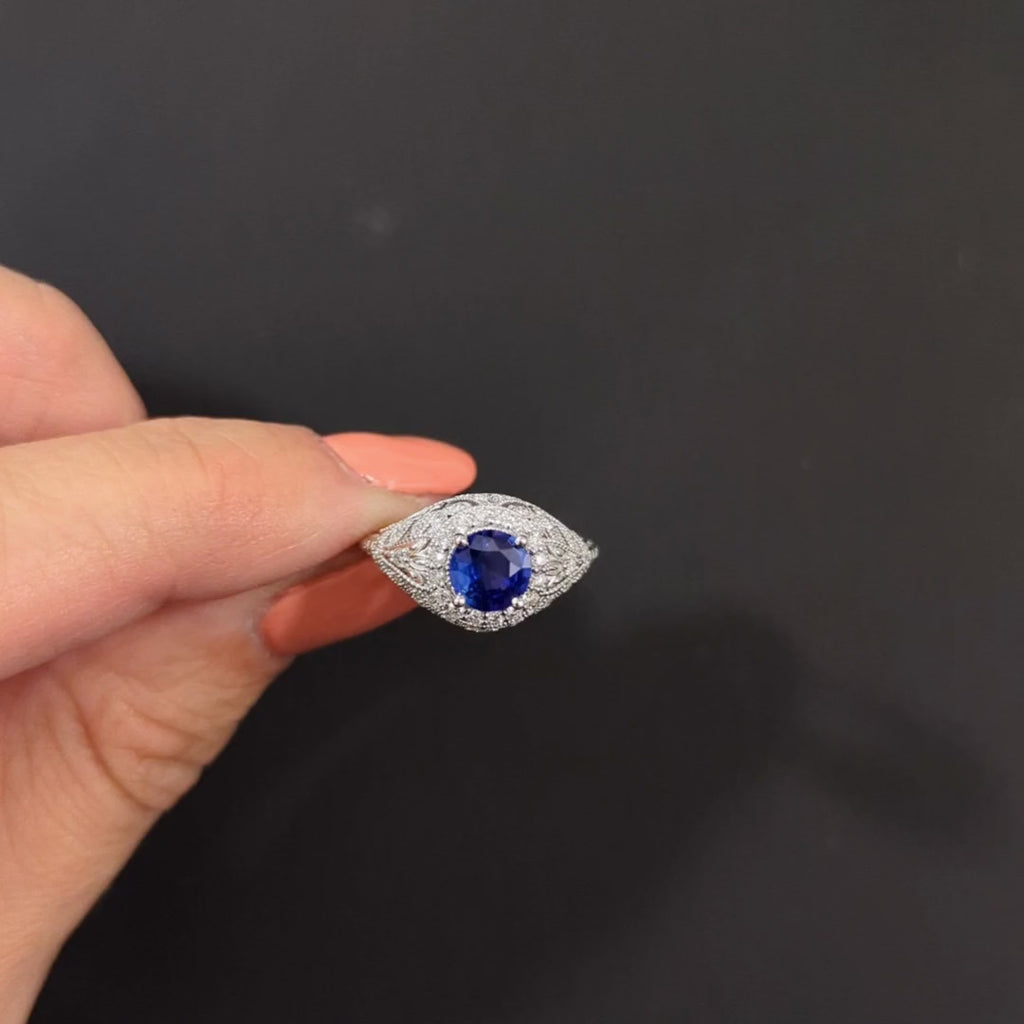 VINTAGE STYLE SAPPHIRE DIAMOND COCKTAIL RING FILIGREE DOME 14k WHITE GOLD ROUND