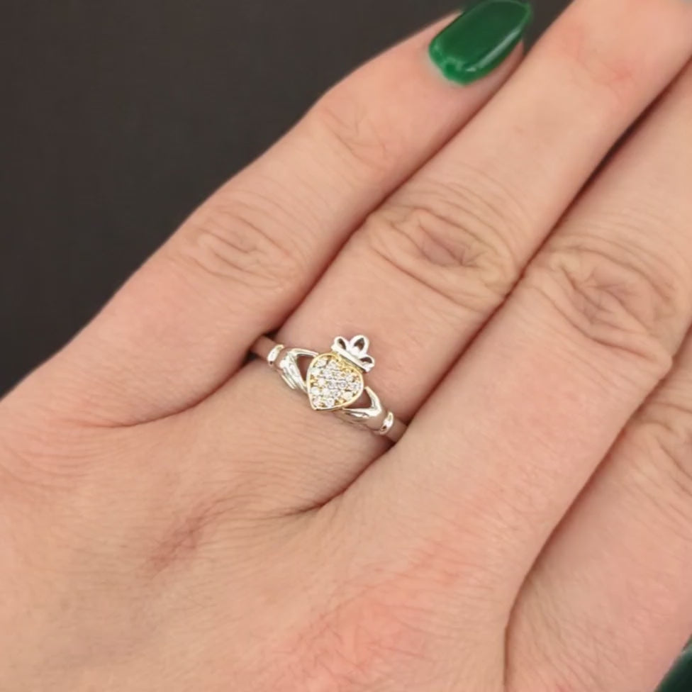 PAVE DIAMOND CLADDAGH RING PLATINUM YELLOW GOLD TRADITIONAL IRISH HEART CROWN