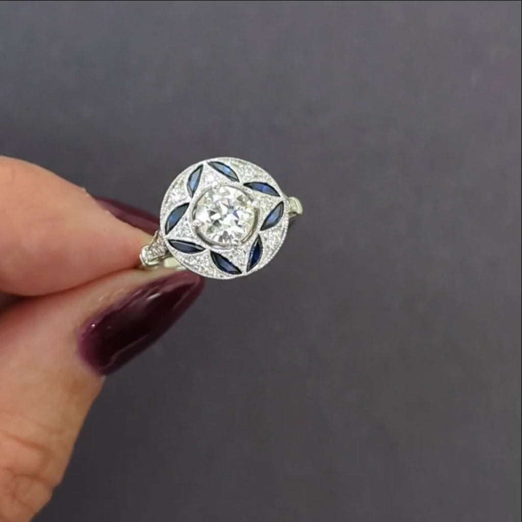 1.80ct OLD CUT DIAMOND SAPPHIRE COCKTAIL RING D SI 14k WHITE GOLD VINTAGE STYLE