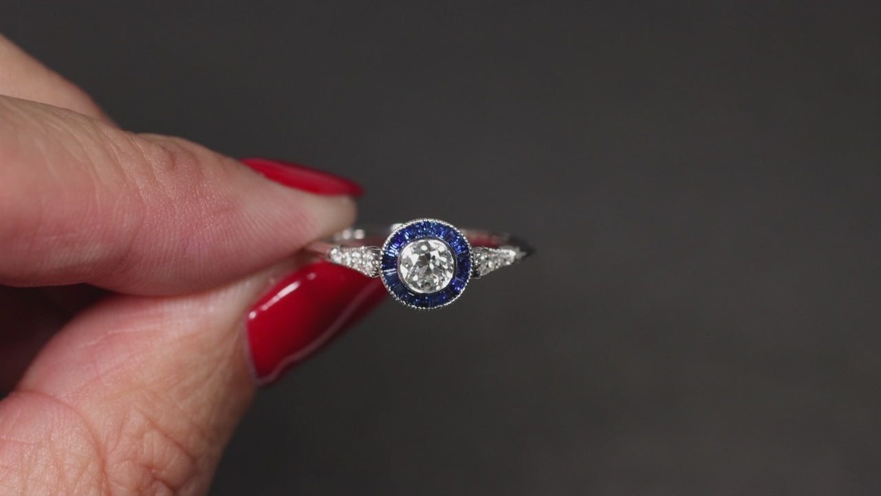 OLD EUROPEAN CUT DIAMOND SAPPHIRE ENGAGEMENT RING G SI2 VINTAGE STYLE ART DECO