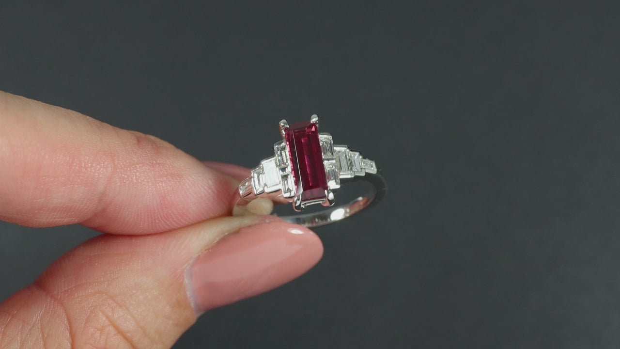 NATURAL RED SPINEL DIAMOND COCKTAIL RING ART DECO STYLE PLATINUM EMERALD CUT