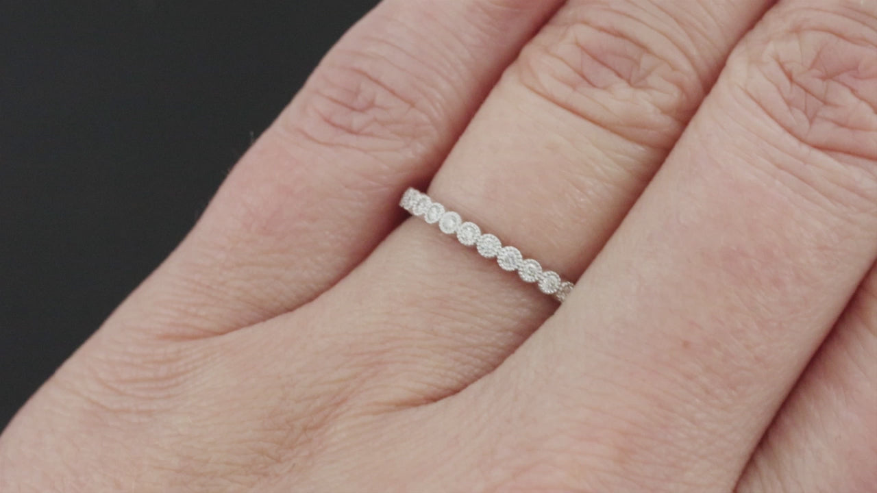VINTAGE STYLE DIAMOND WEDDING RING 10k WHITE GOLD DAINTY BAND MILGRAIN BEZEL